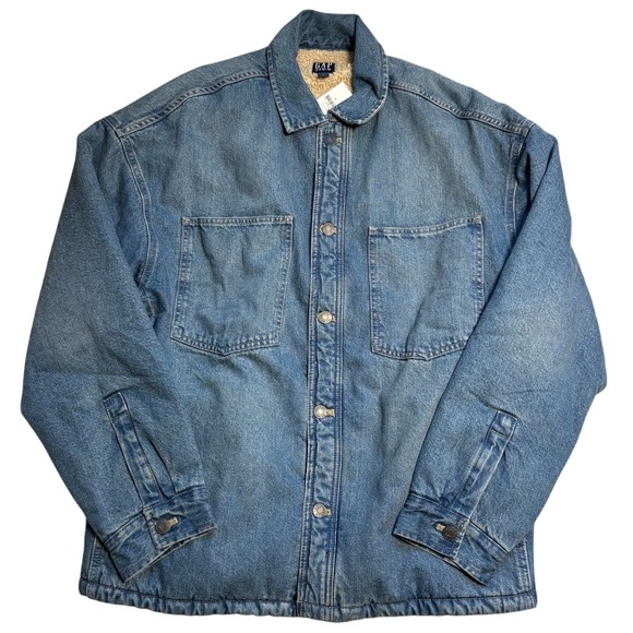 Gap NWT Denim Sherpa Lined Shirt Jacket Mens Medium Blue Wash 513799-00 NEW